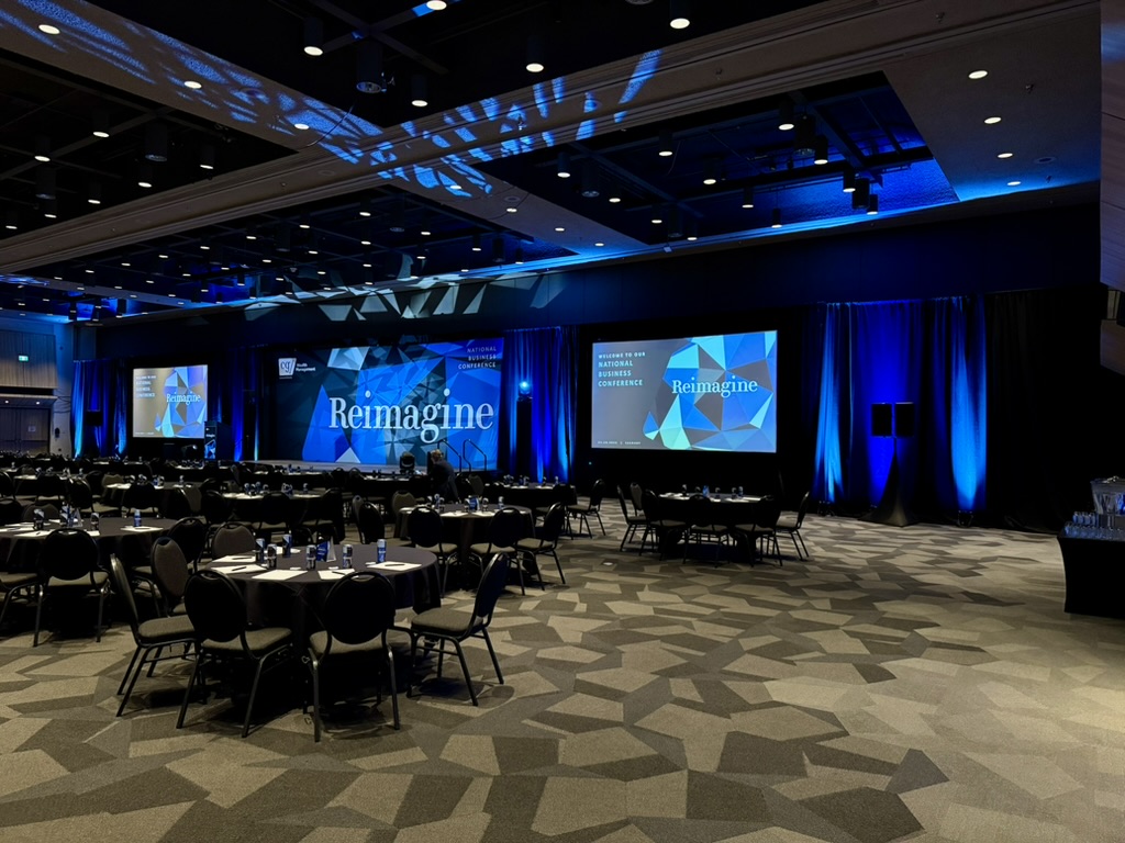 Conference ballroom with three screens and dinner rounds