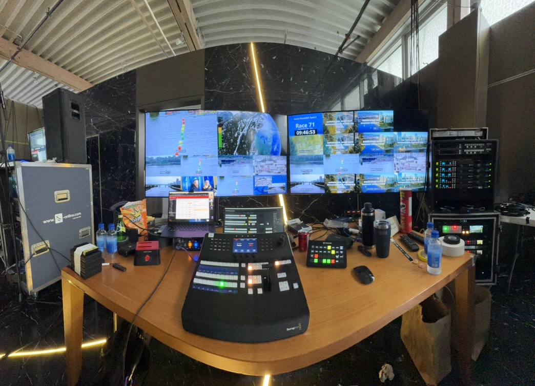 Outdoor production tent with video switcher, monitors and audio console