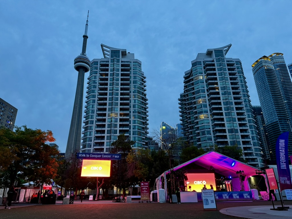 Outdoor event production in downtown Toronto with the CN Tower behind